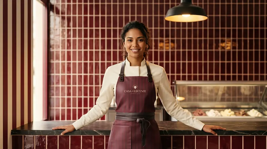 Atendente sorridente no balcão da gelateria Casa di Lucente, com vitrine de gelato artesanal
