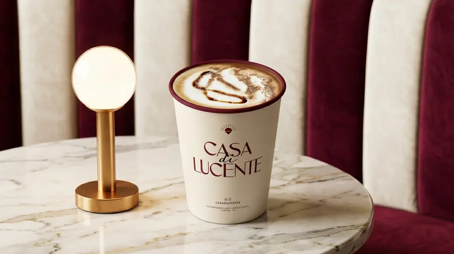 Cappuccino com calda de chocolate no copo da Casa di Lucente sobre mesa de mármore