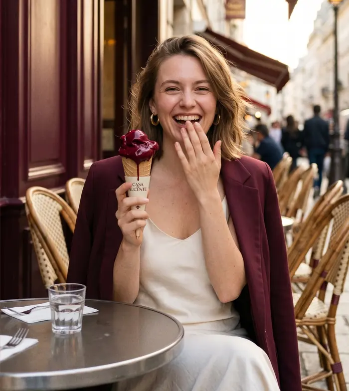 Cliente sorrindo com casquinha de gelato de frutas vermelhas